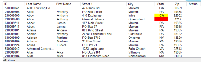A multi-column list box with conditionally formatted cells and text. 
